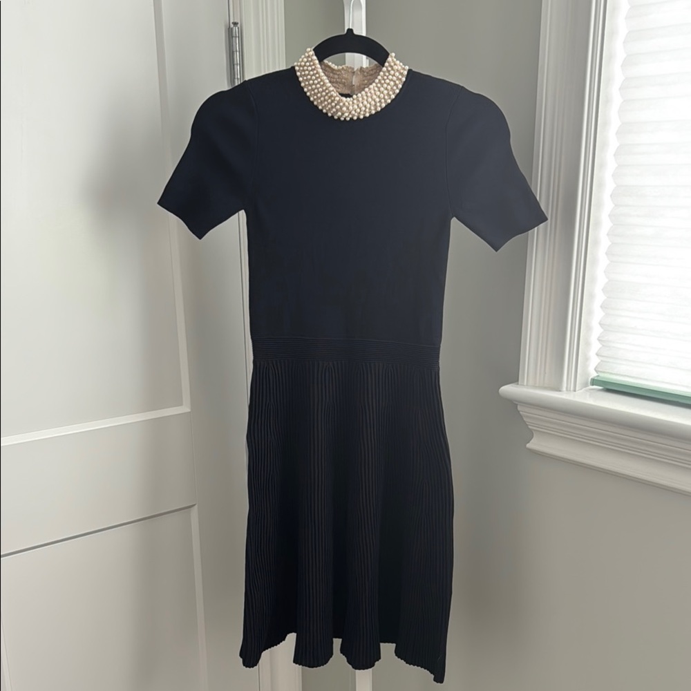 Sandro Elegant dark navy Dress with Pearl Collar